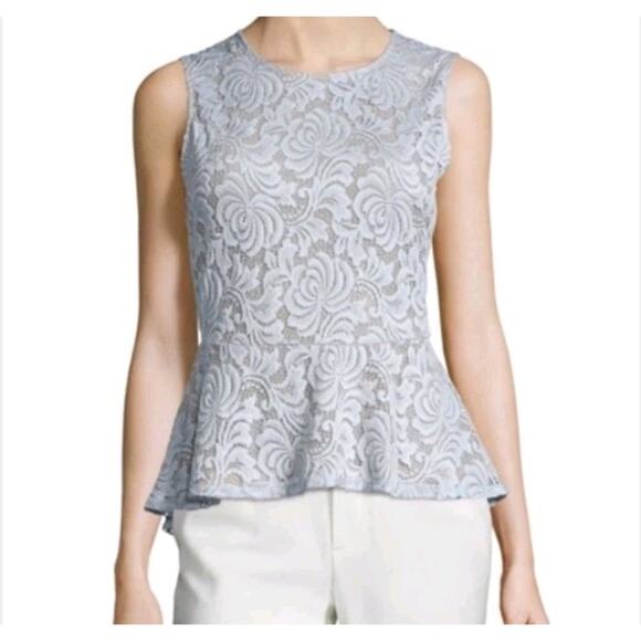 BCBC Maxazria Womens Keren Peplum Top Sz S Nude Mesh Lace Haze Overlay Soft Girl - Picture 1 of 11